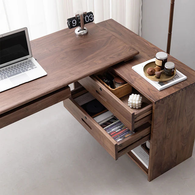 Adouer Wood Solid Sheesham Wood L Shape Writing Desk For Home & Office, Walnut