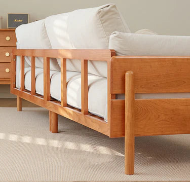 ADOUER WOOD Mid-Century Wooden Sofa with Cream Upholstery for Home, Office & Hotel Lounge