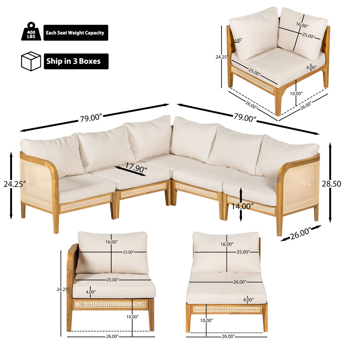 Weather-Resistant Acacia and Cane Outdoor 5 Seater Sofa with Cream Polyester Cushions