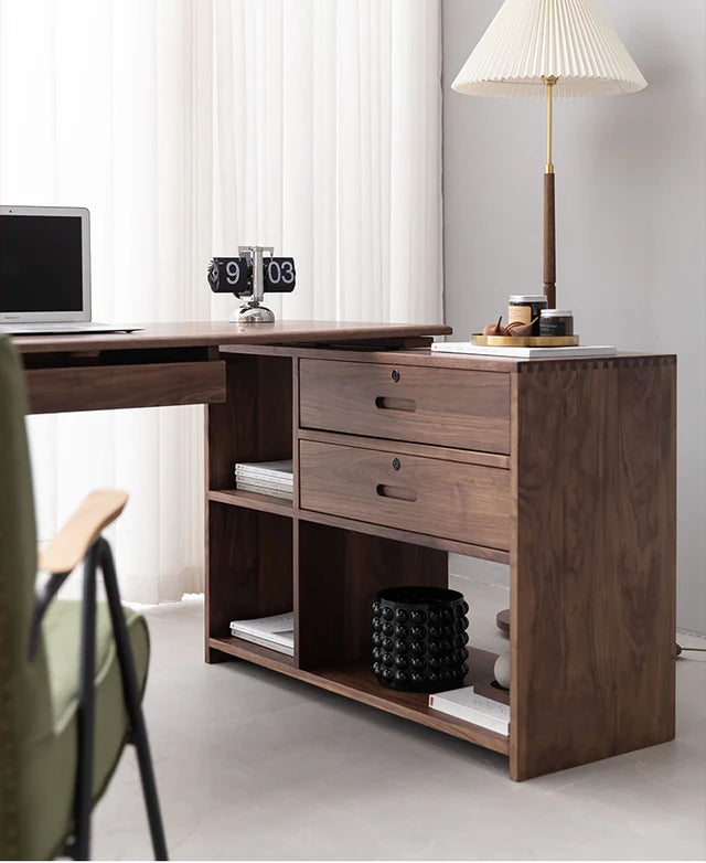 Adouer Wood Solid Sheesham Wood L Shape Writing Desk For Home & Office, Walnut