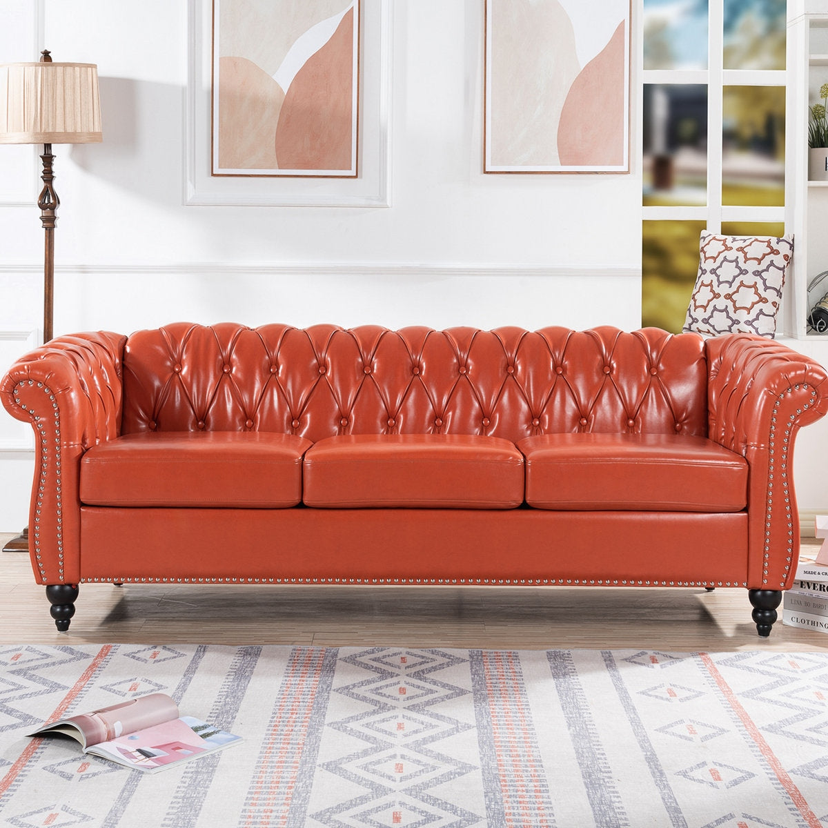 Classic Brown Leather Chesterfield Sofa with Sheesham Wood Frame