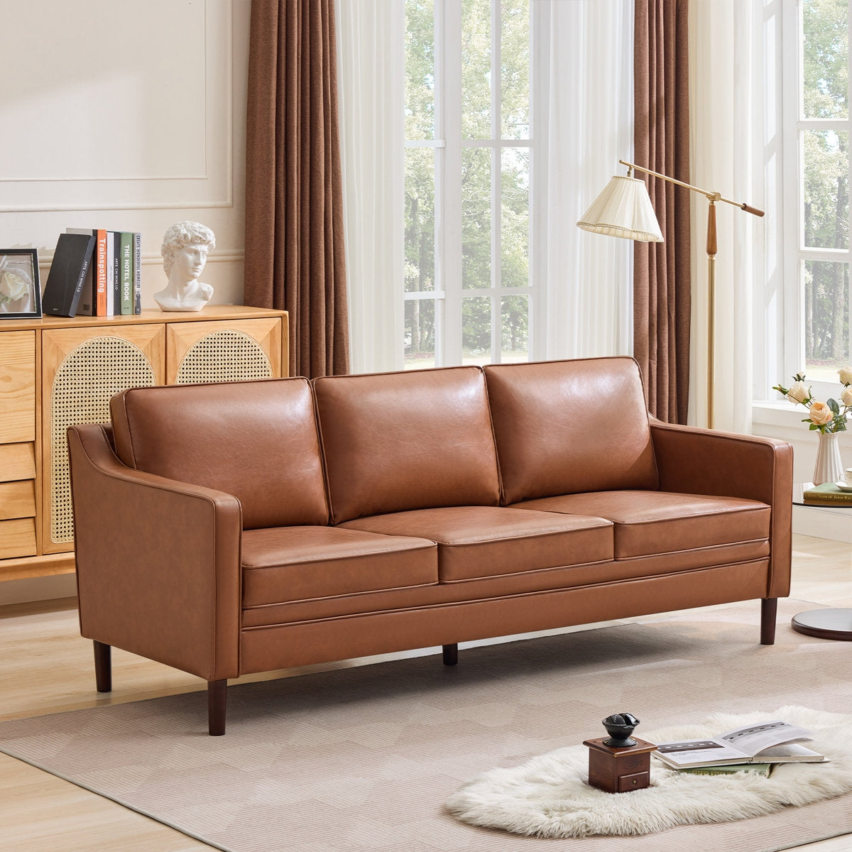 Classic Brown Leather Couch with Sheesham Wood Frame and Tapered Legs