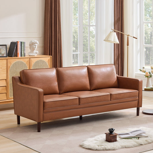 Classic Brown Leather Couch with Sheesham Wood Frame and Tapered Legs