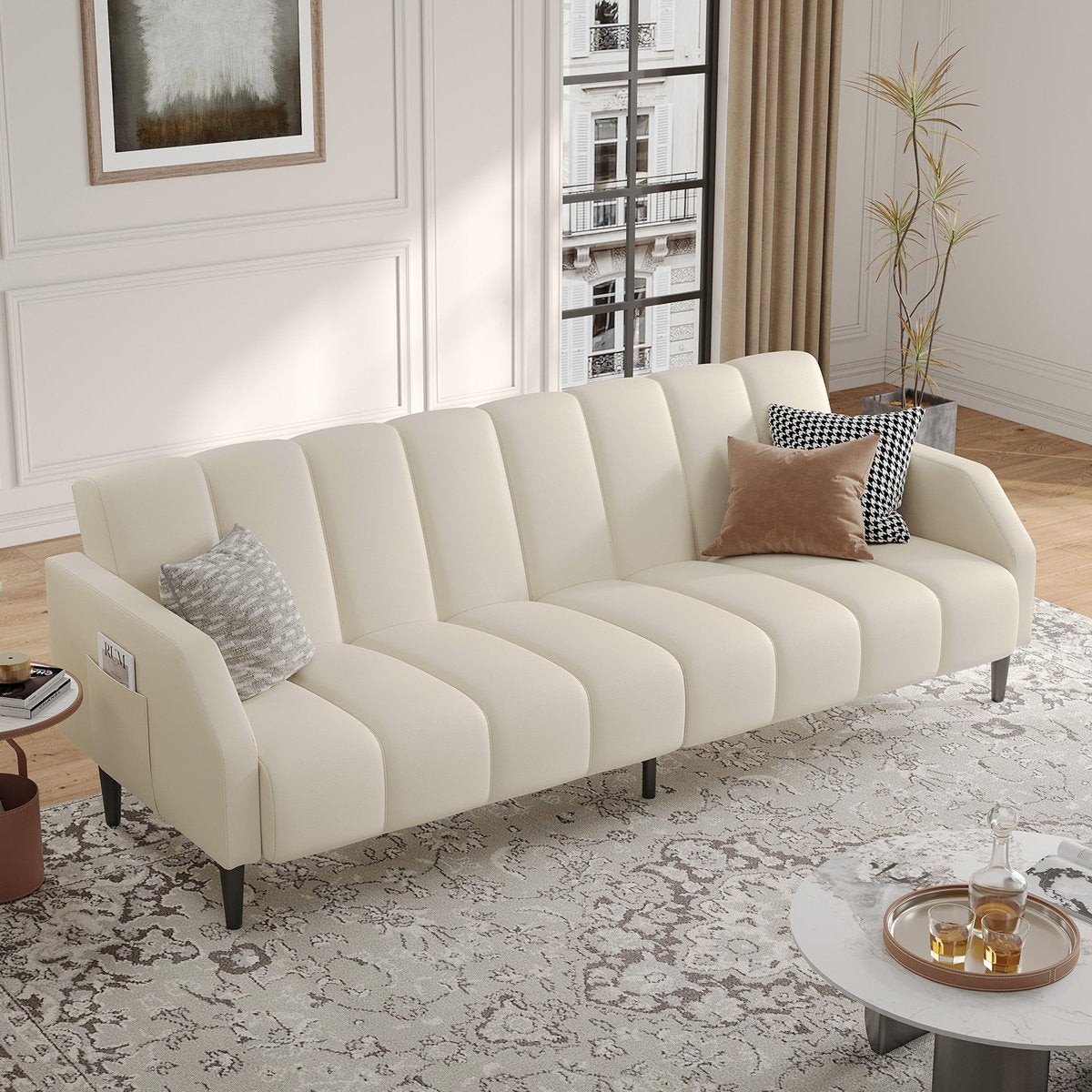 Sheesham Wood and Leather Channel-Panel Sofa - Walnut Finish