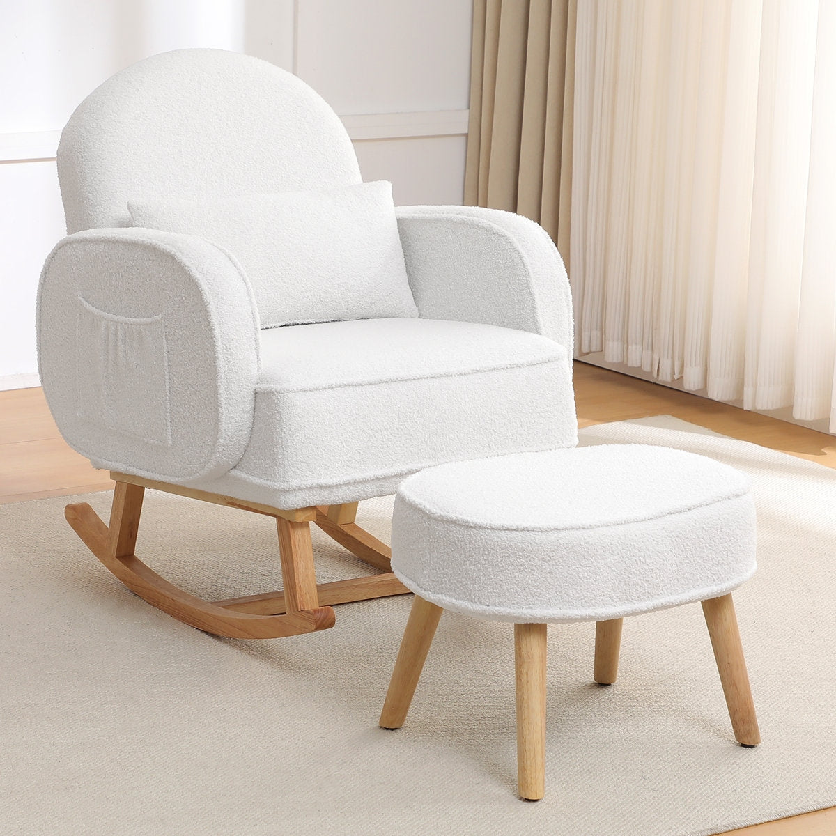 Modern Grey Boucle Rocking Chair and Ottoman with Natural Wood Accents