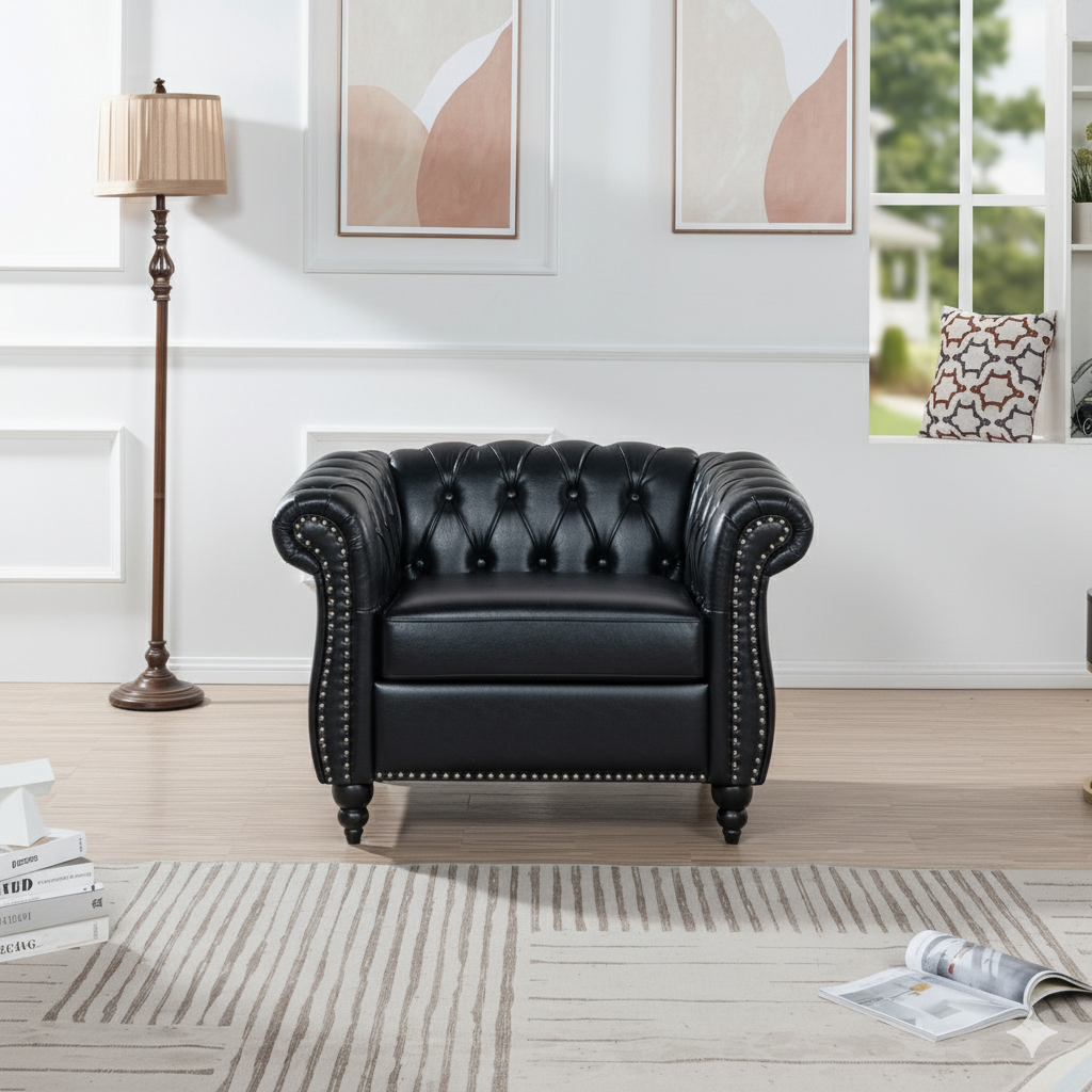 Classic Brown Leather Chesterfield Sofa with Sheesham Wood Frame