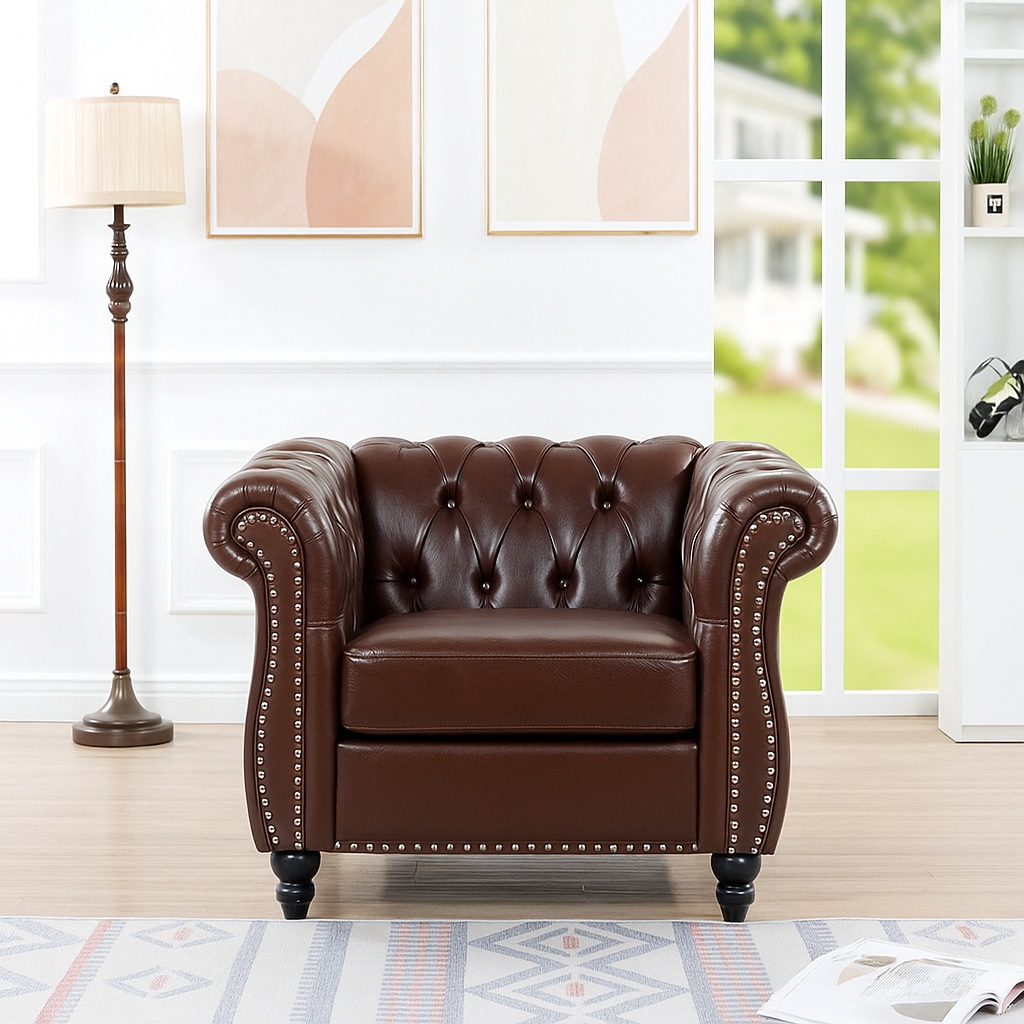 Classic Brown Leather Chesterfield Sofa with Sheesham Wood Frame
