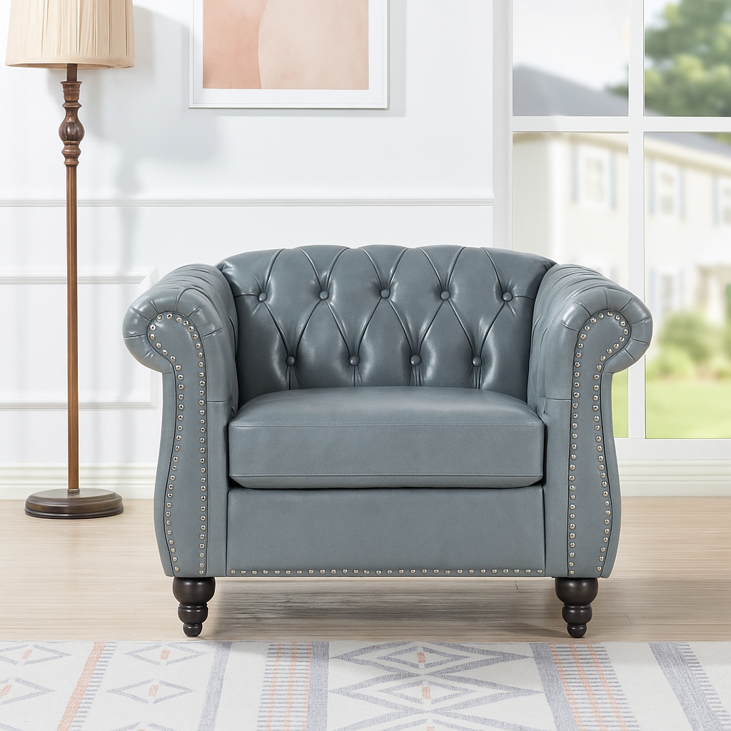 Classic Brown Leather Chesterfield Sofa with Sheesham Wood Frame