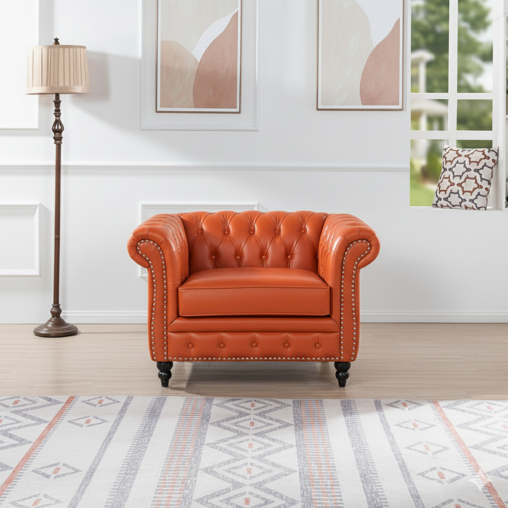 Classic Brown Leather Chesterfield Sofa with Sheesham Wood Frame
