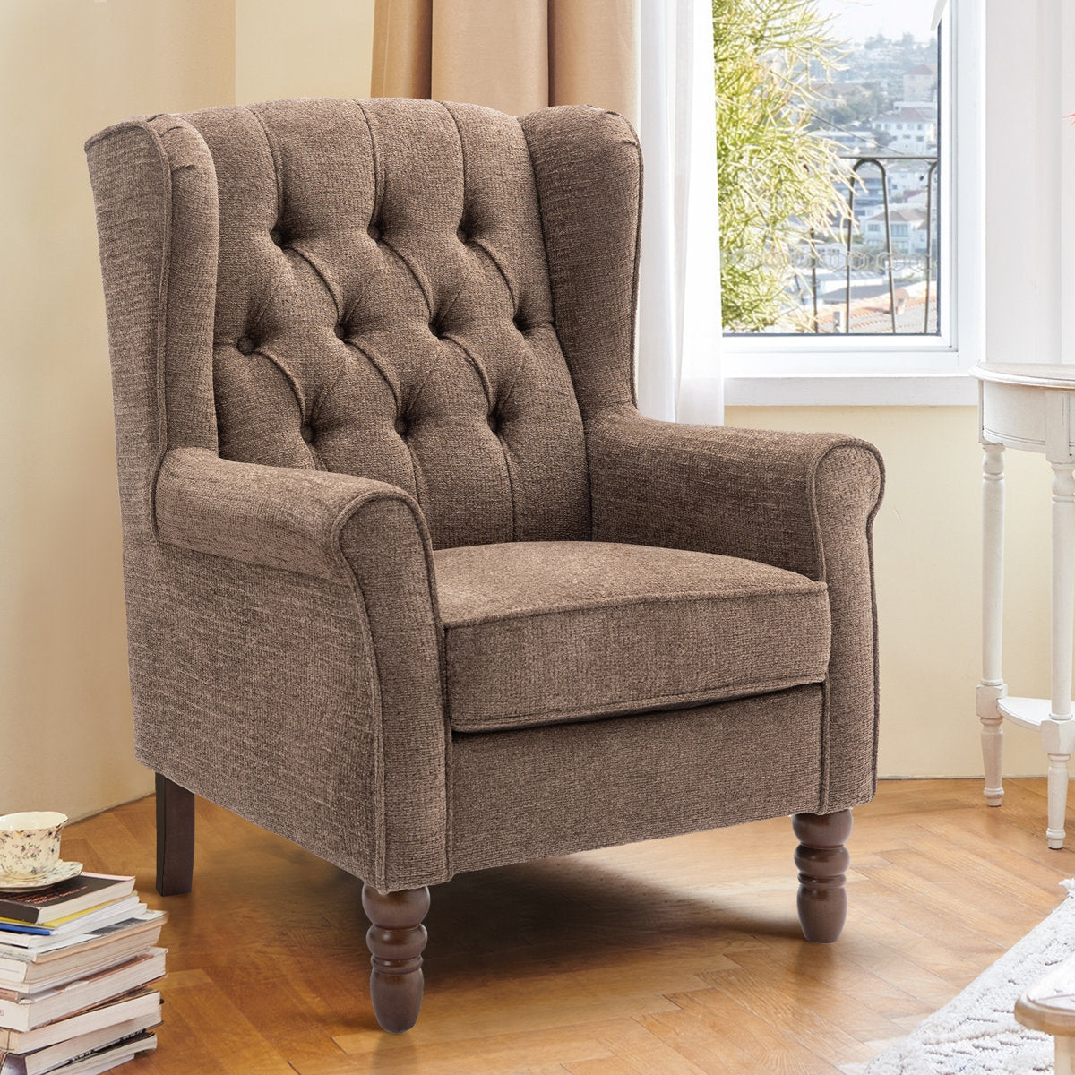 Classic Button-Tufted Cotton Wingback Chair with Solid Acacia Wood Frame