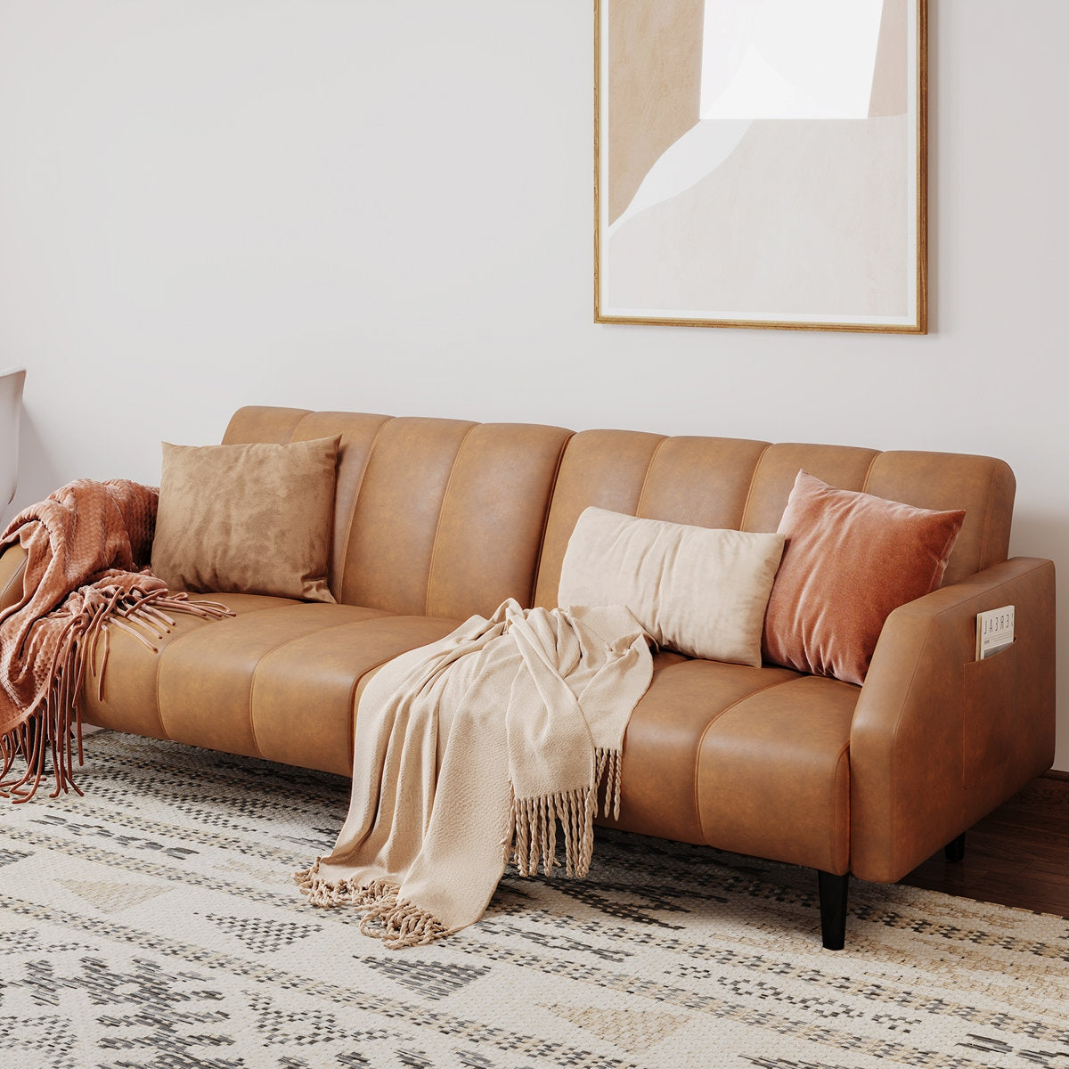 Sheesham Wood and Leather Channel-Panel Sofa - Walnut Finish