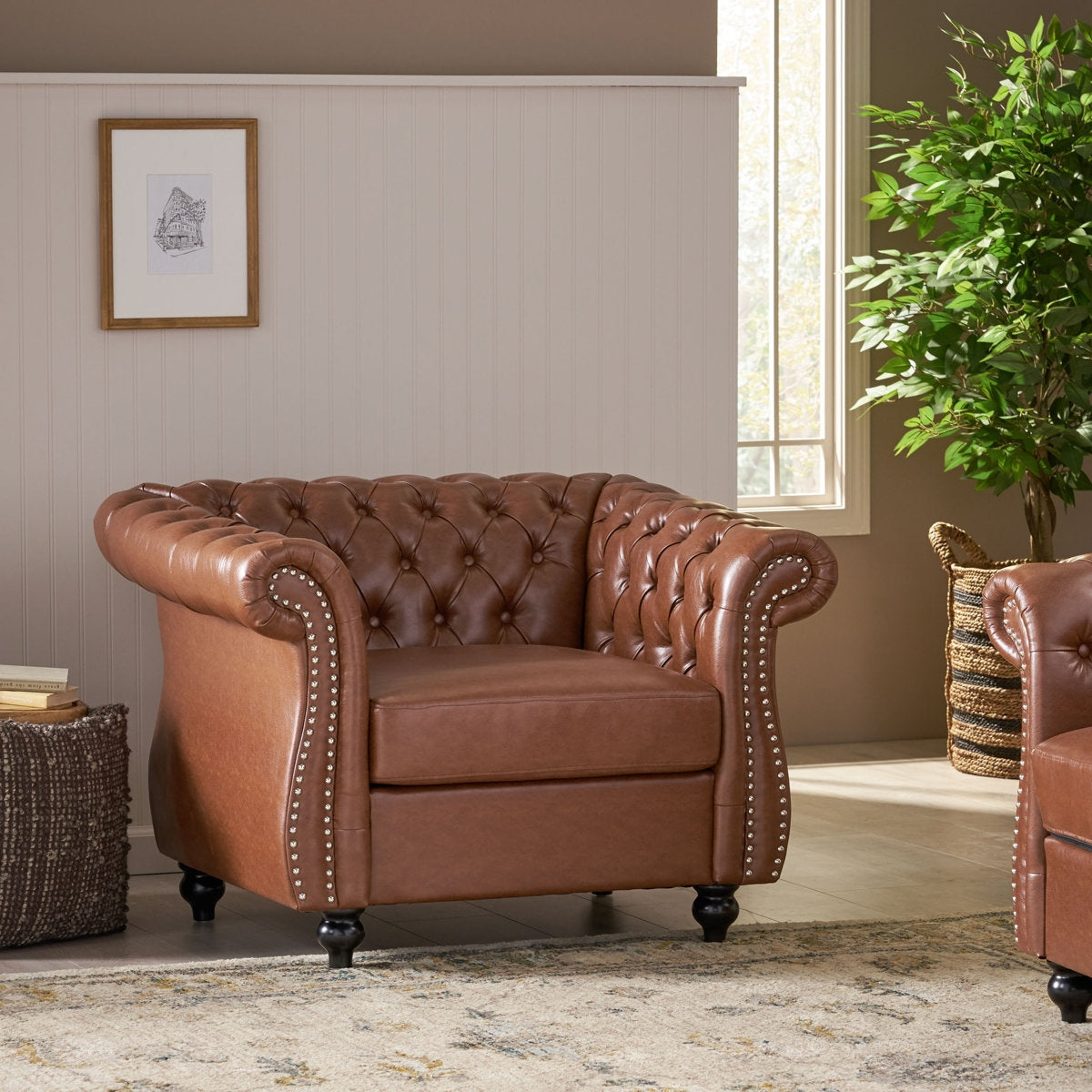 Classic Brown Leather Chesterfield Sofa with Sheesham Wood Frame