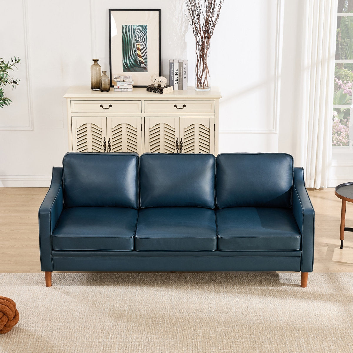 Classic Brown Leather Couch with Sheesham Wood Frame and Tapered Legs
