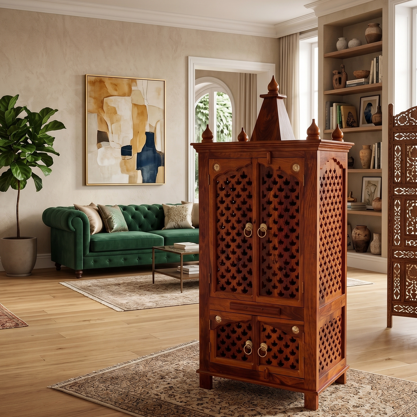 ADOUER WOOD Handcrafted Sheesham Wood Home Temple with Intricate Jali Work & Storage Drawer
