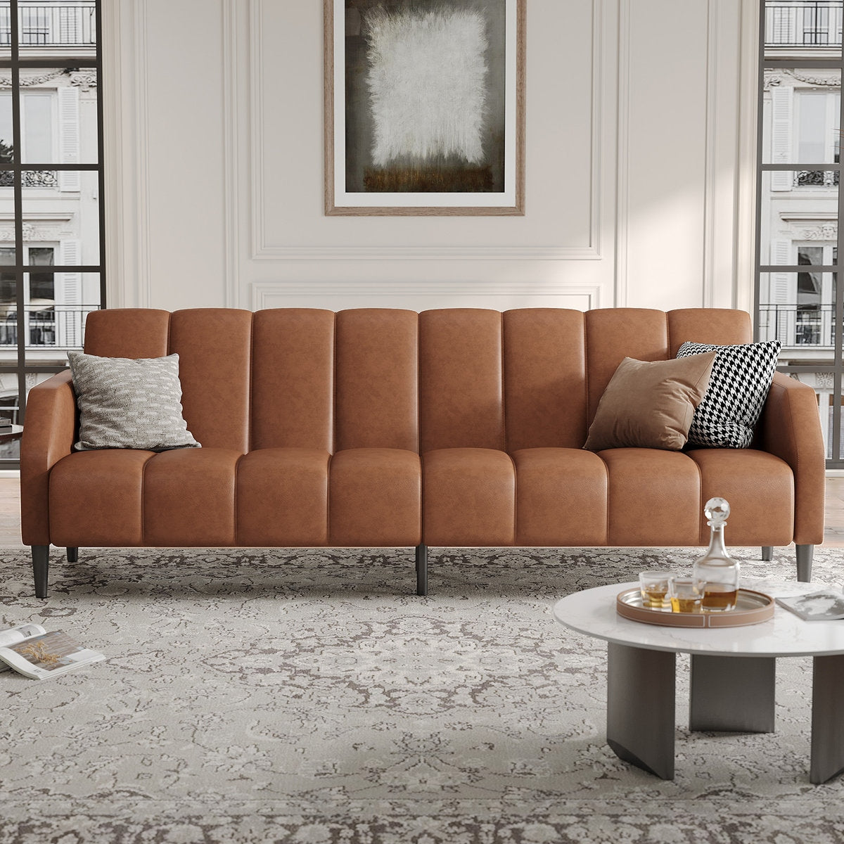 Sheesham Wood and Leather Channel-Panel Sofa - Walnut Finish