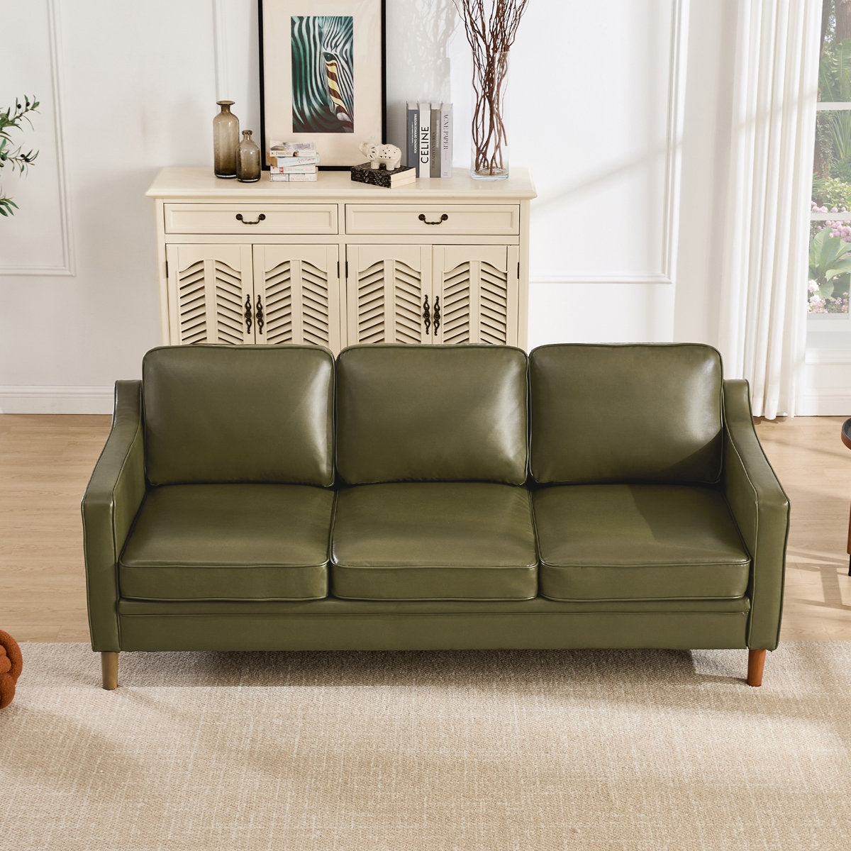 Classic Brown Leather Couch with Sheesham Wood Frame and Tapered Legs