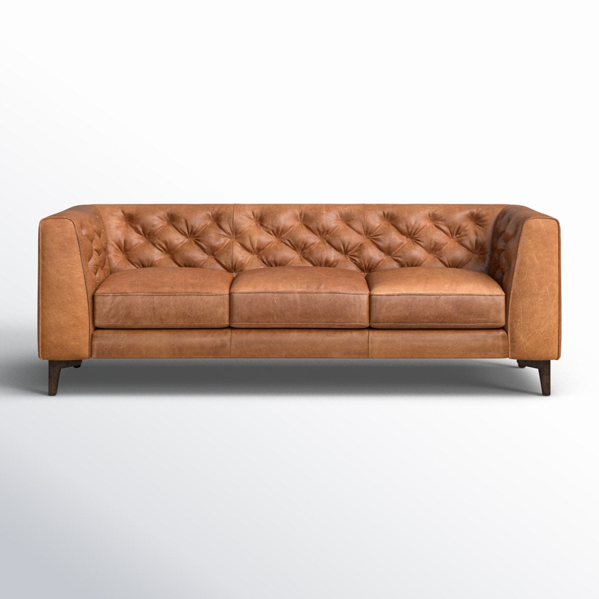 Classic Tufted Leather 3-Seater Sofa with Sheesham Wood Frame
