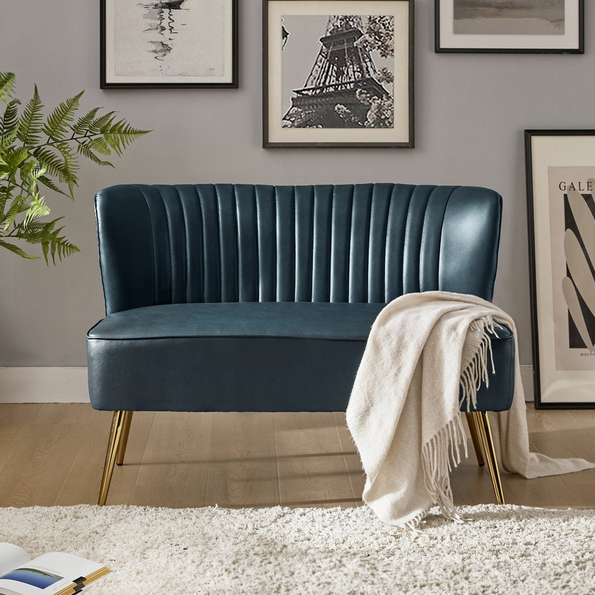 Vintage Style Faux Leather Two-Seater Sofa with Metal Legs