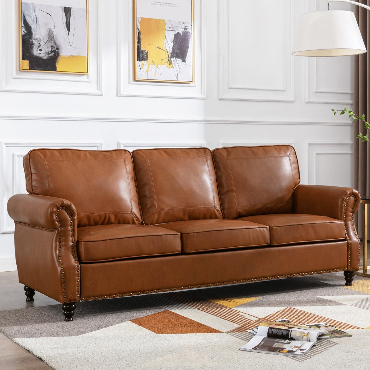 Three-Seater Blue Leather Sofa on Durable Sheesham Wood Base