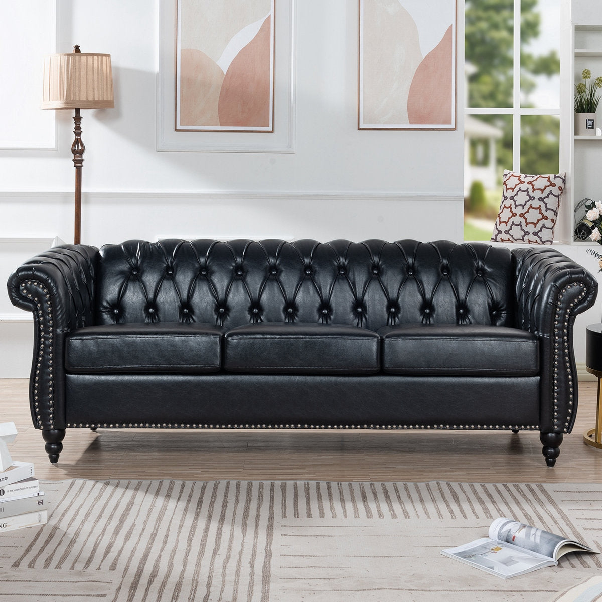 Classic Brown Leather Chesterfield Sofa with Sheesham Wood Frame
