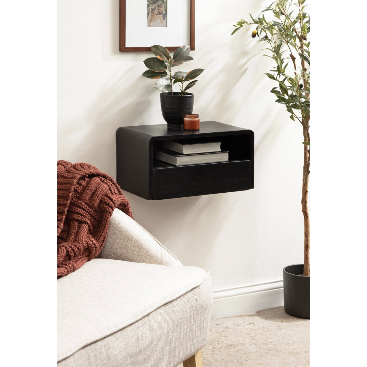 Waterfall Edge Solid Wood Wall-Mount Shelf with Drawer