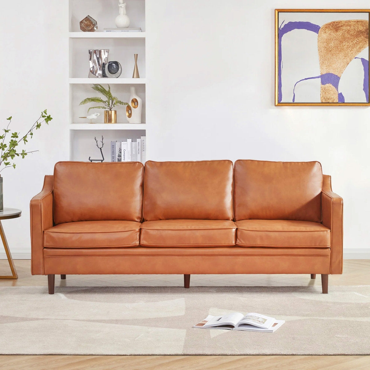 Classic Brown Leather Couch with Sheesham Wood Frame and Tapered Legs