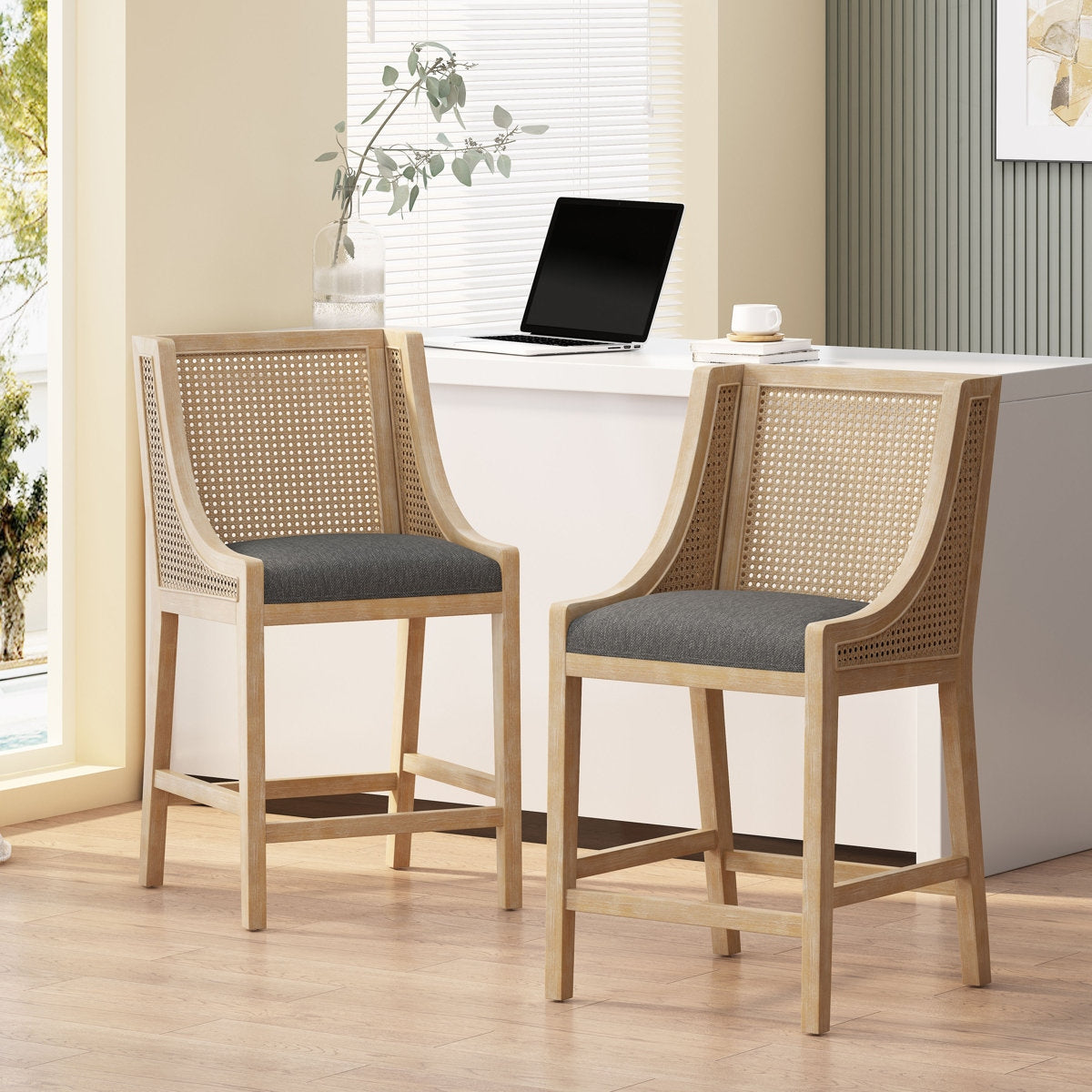 Solid Wood Counter Height Stools with Natural Rattan Backrest and Premium Upholstered Cushioning – Set of 2