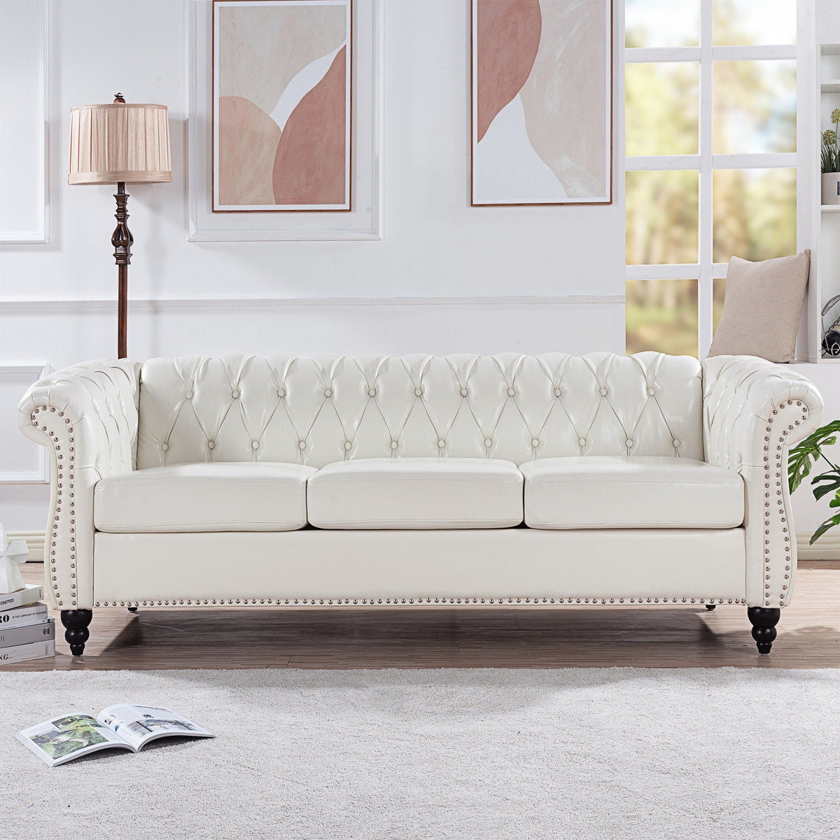 Classic Brown Leather Chesterfield Sofa with Sheesham Wood Frame