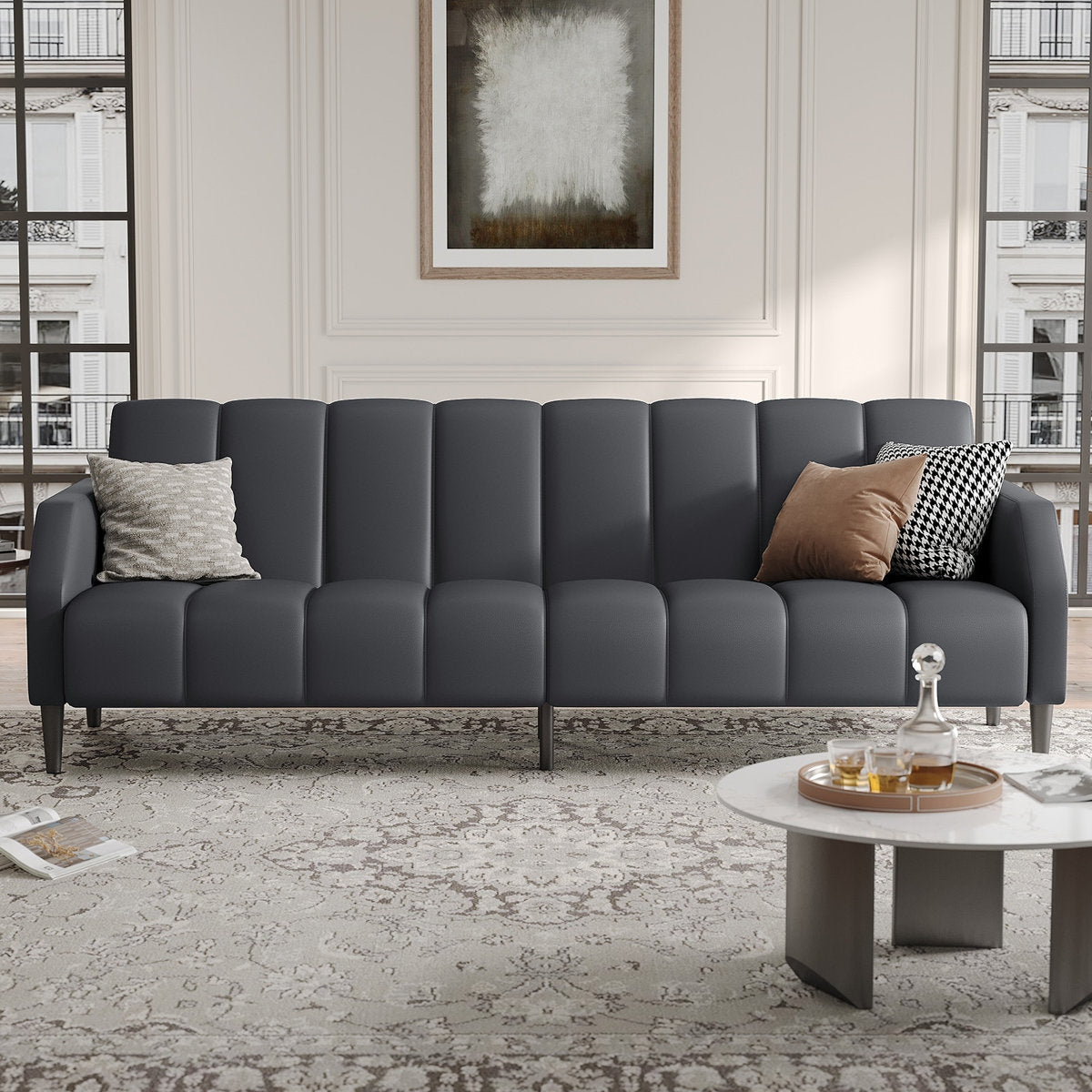 Sheesham Wood and Leather Channel-Panel Sofa - Walnut Finish