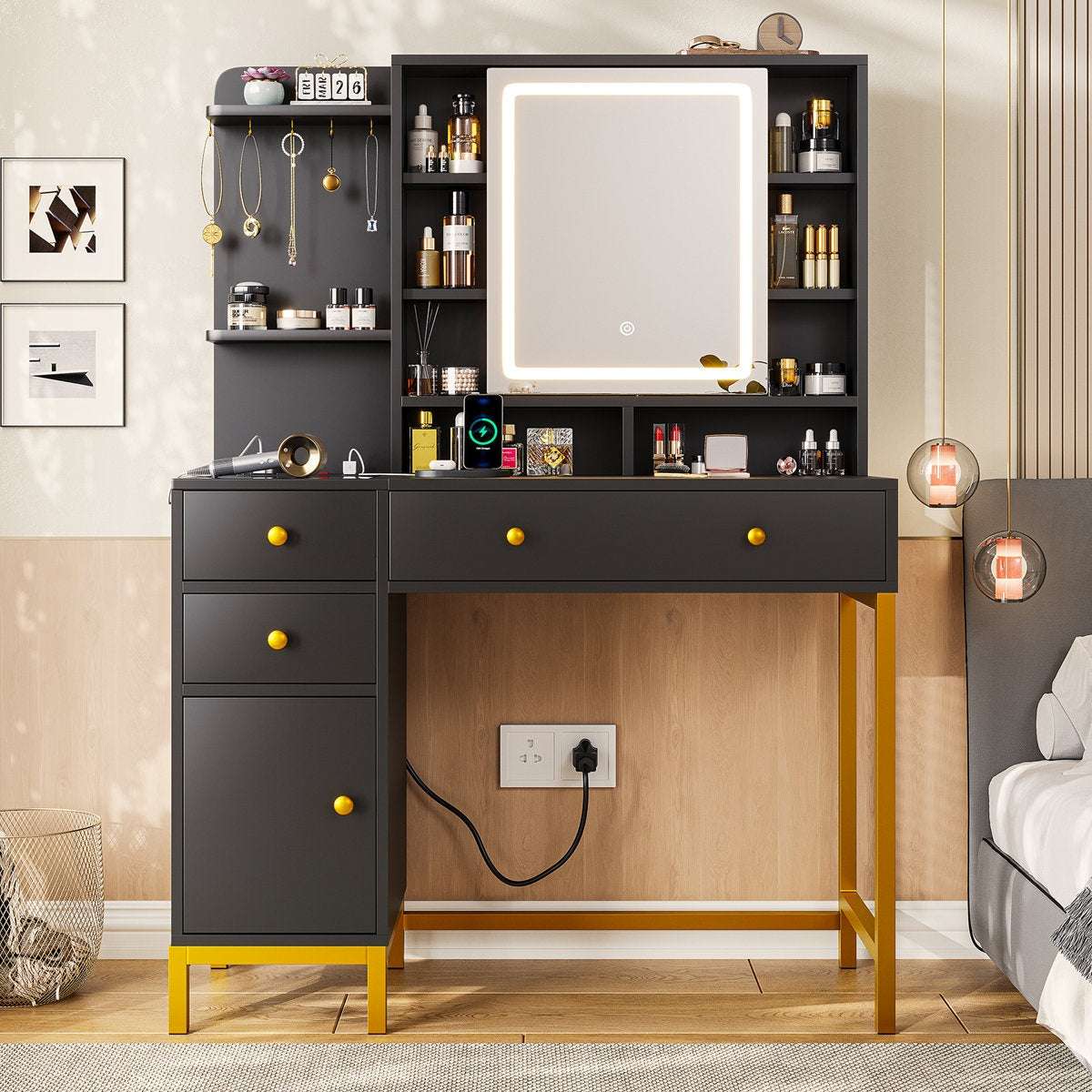 Premium Solid Wood Dressing Table featuring Multi-Tier Shelving and Smart LED Square Mirror
