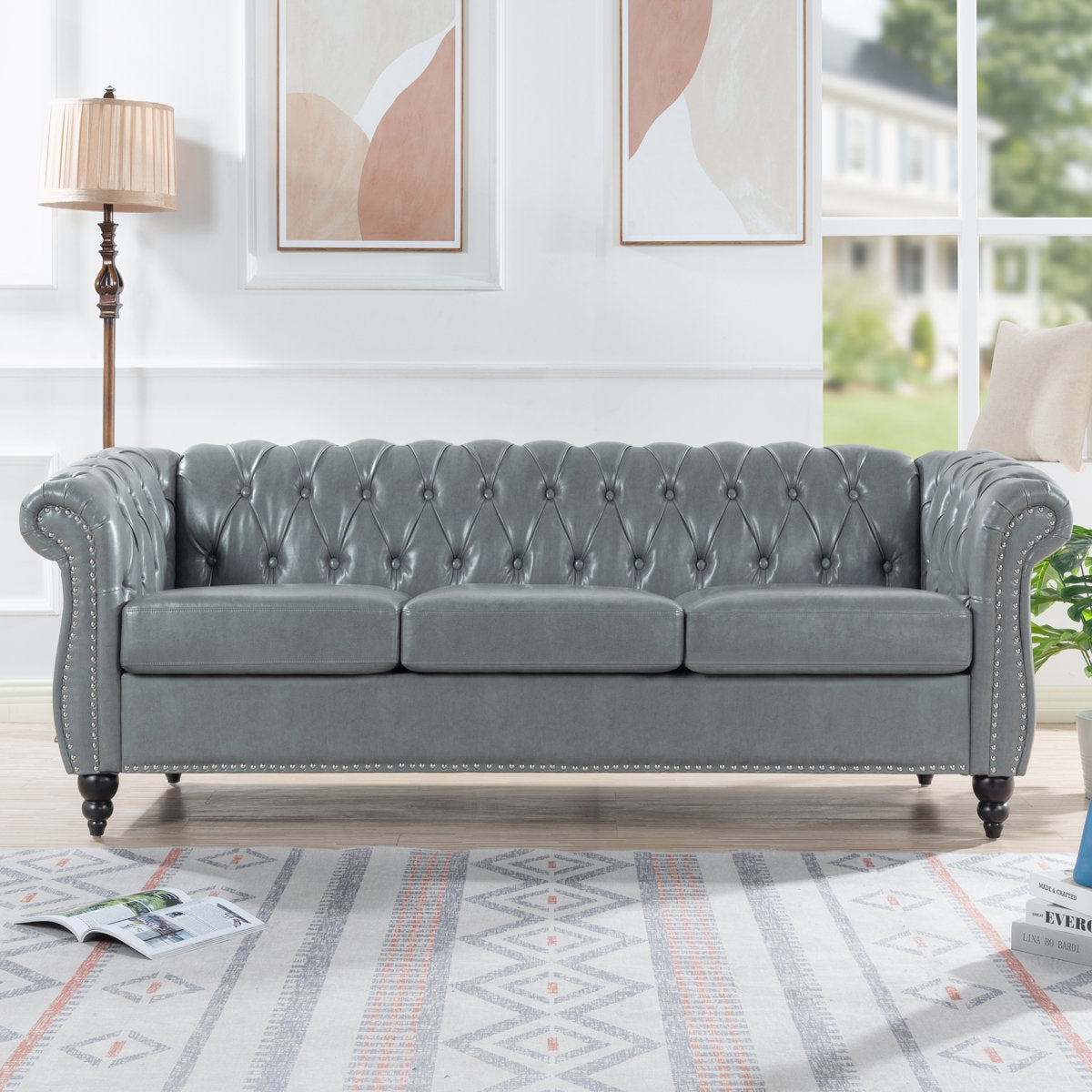 Classic Brown Leather Chesterfield Sofa with Sheesham Wood Frame