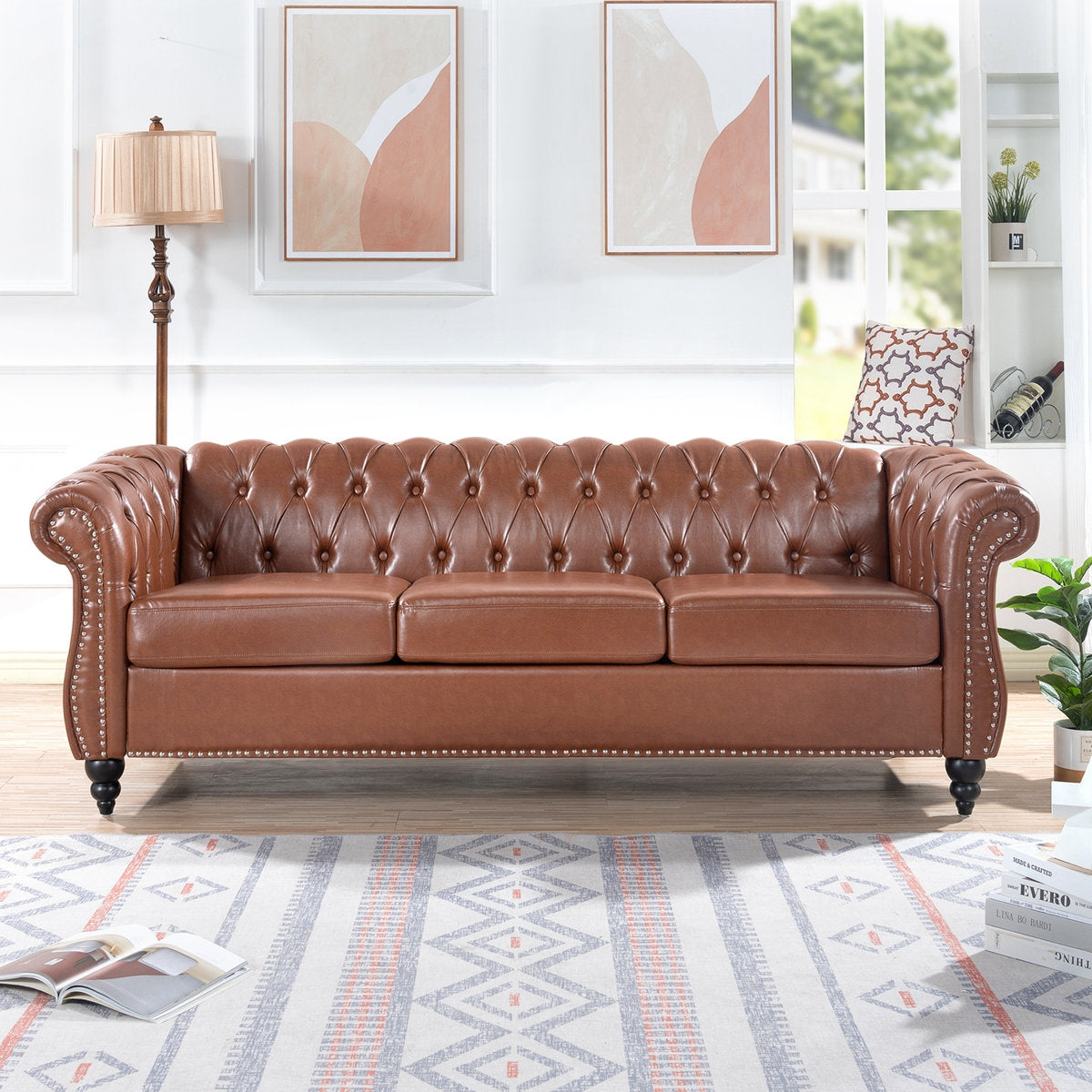 Classic Brown Leather Chesterfield Sofa with Sheesham Wood Frame