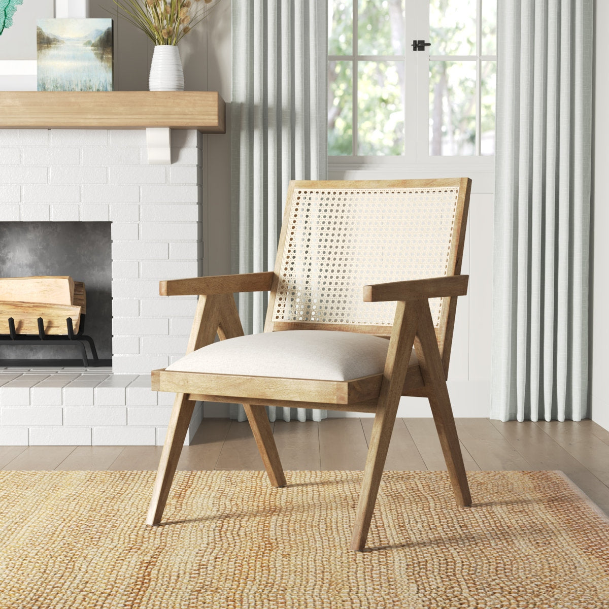 Acacia Wood Cane Back Arm Chair with Cotton Seat
