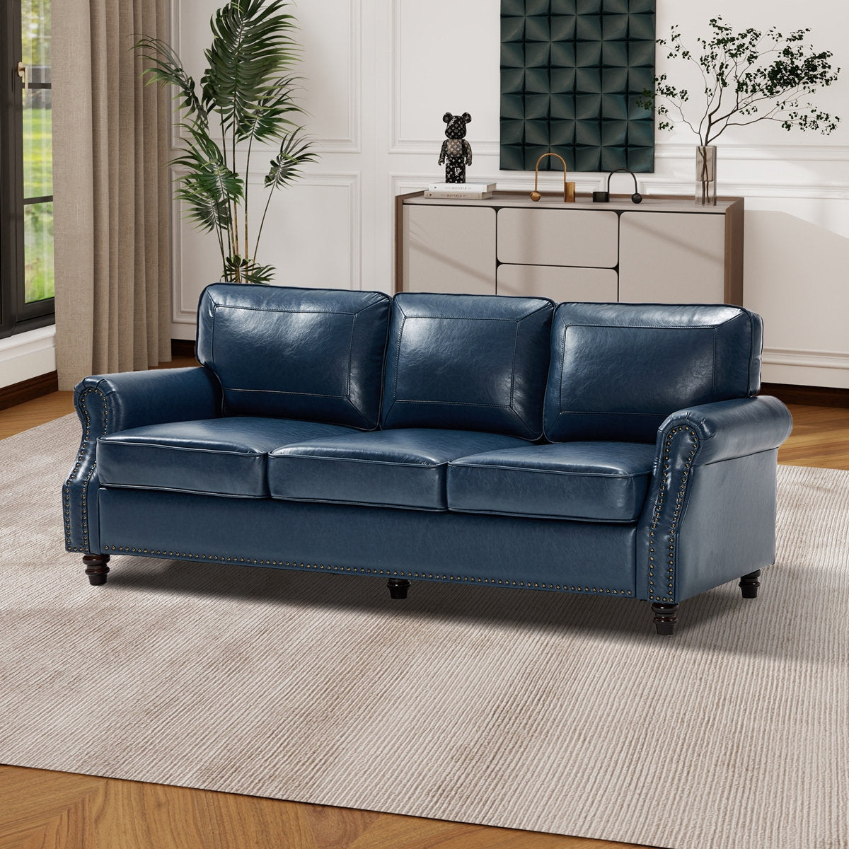 Three-Seater Blue Leather Sofa on Durable Sheesham Wood Base