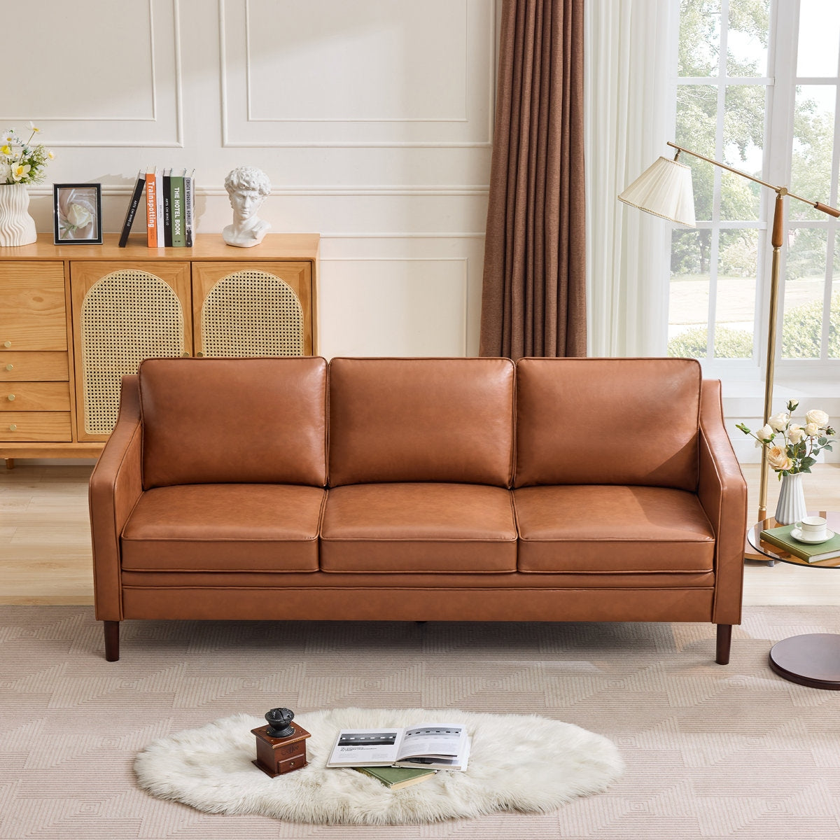 Classic Brown Leather Couch with Sheesham Wood Frame and Tapered Legs
