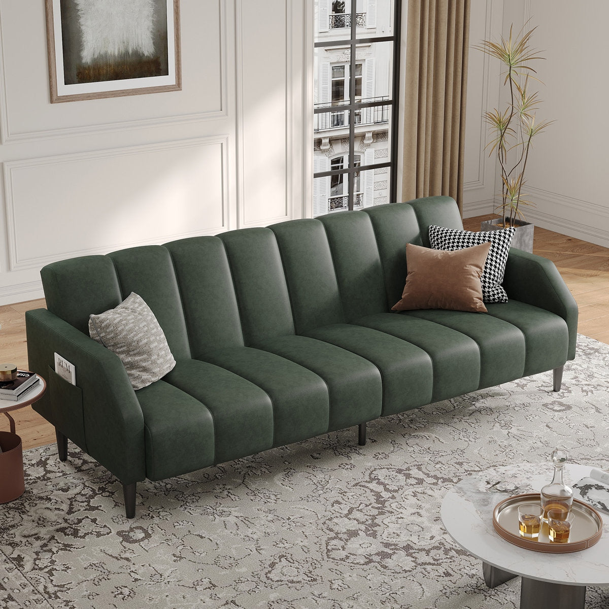 Sheesham Wood and Leather Channel-Panel Sofa - Walnut Finish