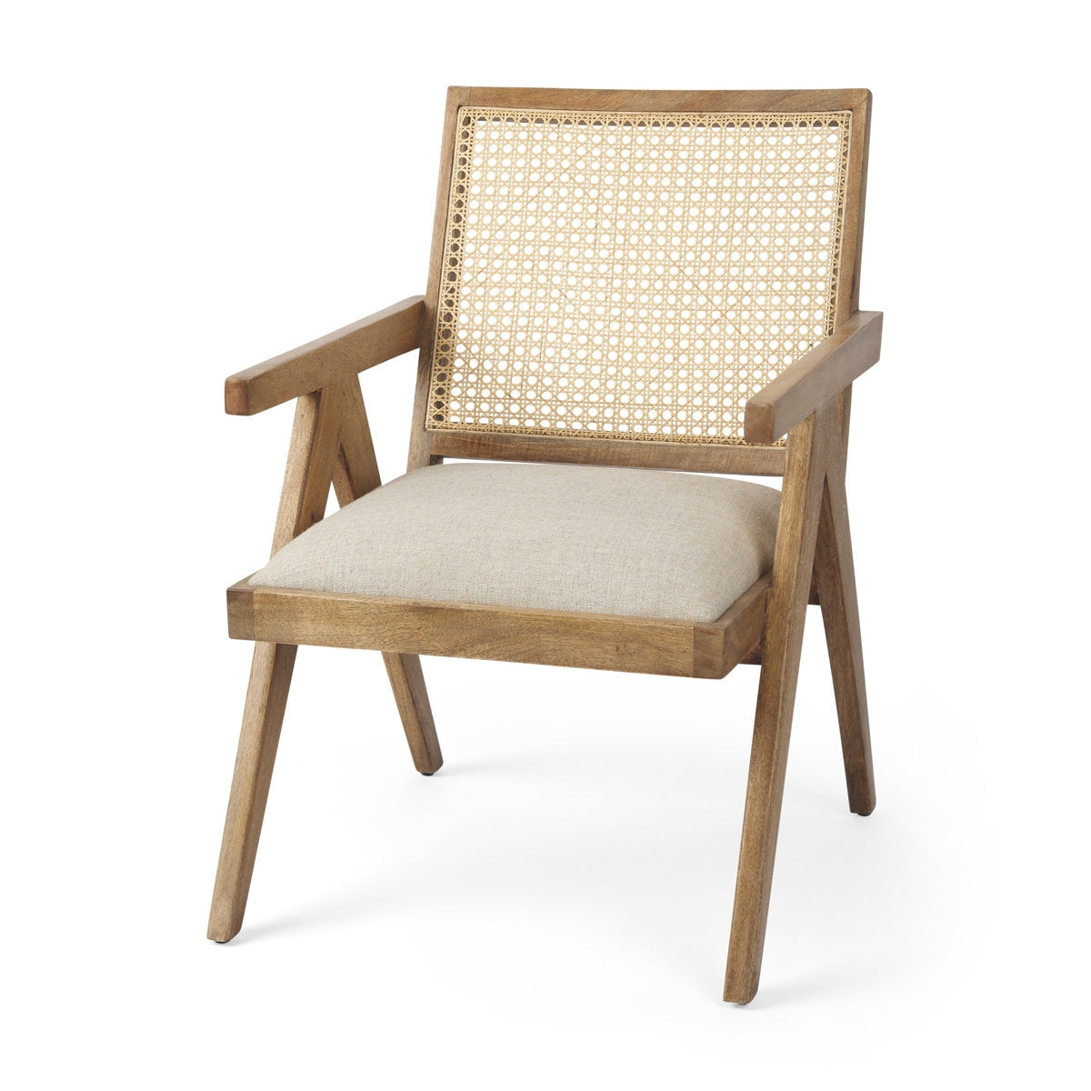 Acacia Wood Cane Back Arm Chair with Cotton Seat