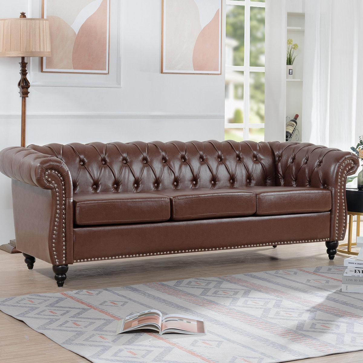 Classic Brown Leather Chesterfield Sofa with Sheesham Wood Frame