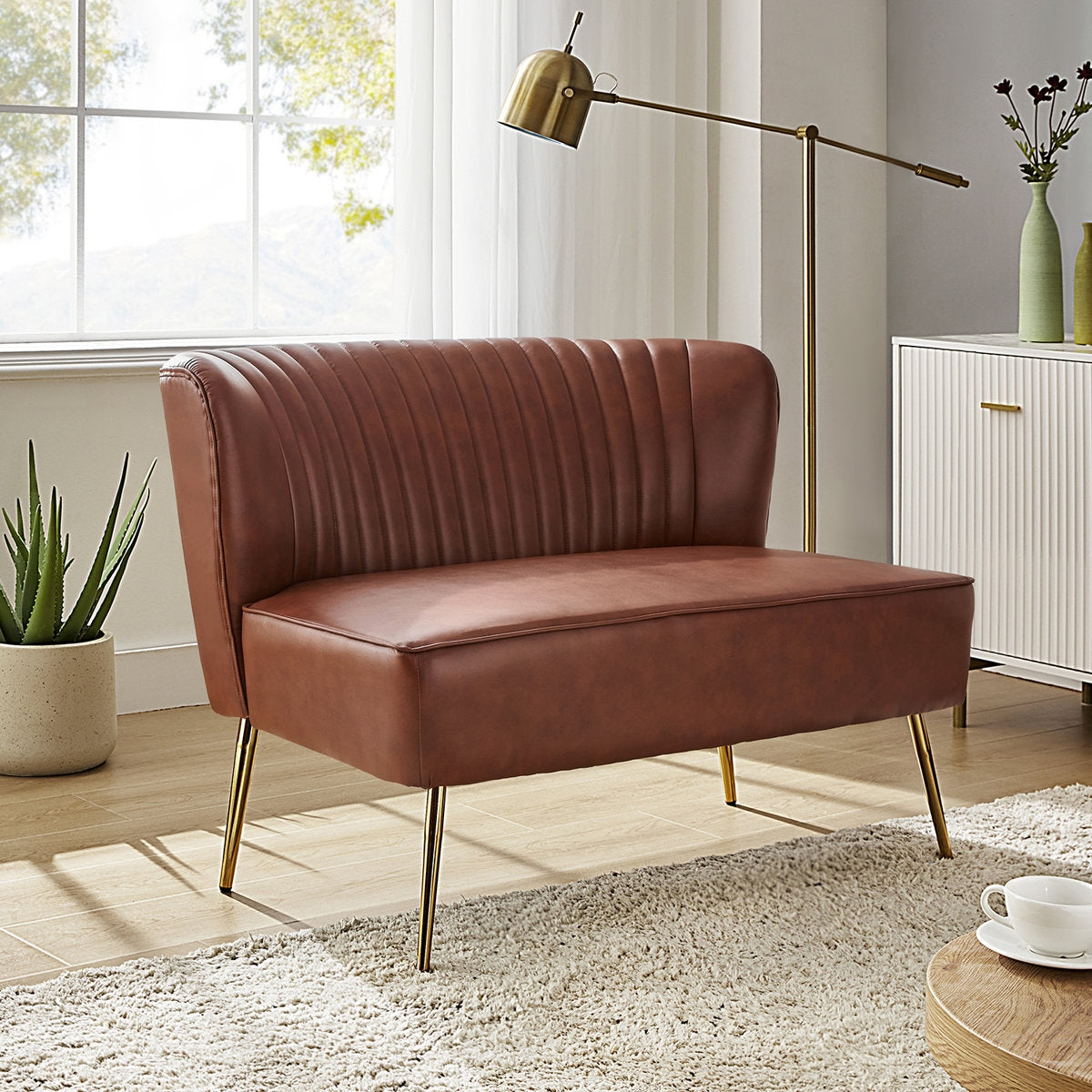 Vintage Style Faux Leather Two-Seater Sofa with Metal Legs