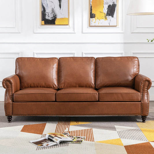 Three-Seater Blue Leather Sofa on Durable Sheesham Wood Base