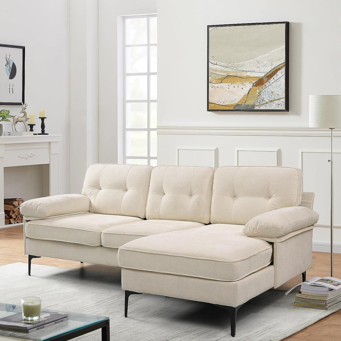 ADOUER WOOD Solid Wood Frame L - Shape Classic Style Multifunctional (3+ Lounger) Fabric Corner Sofa