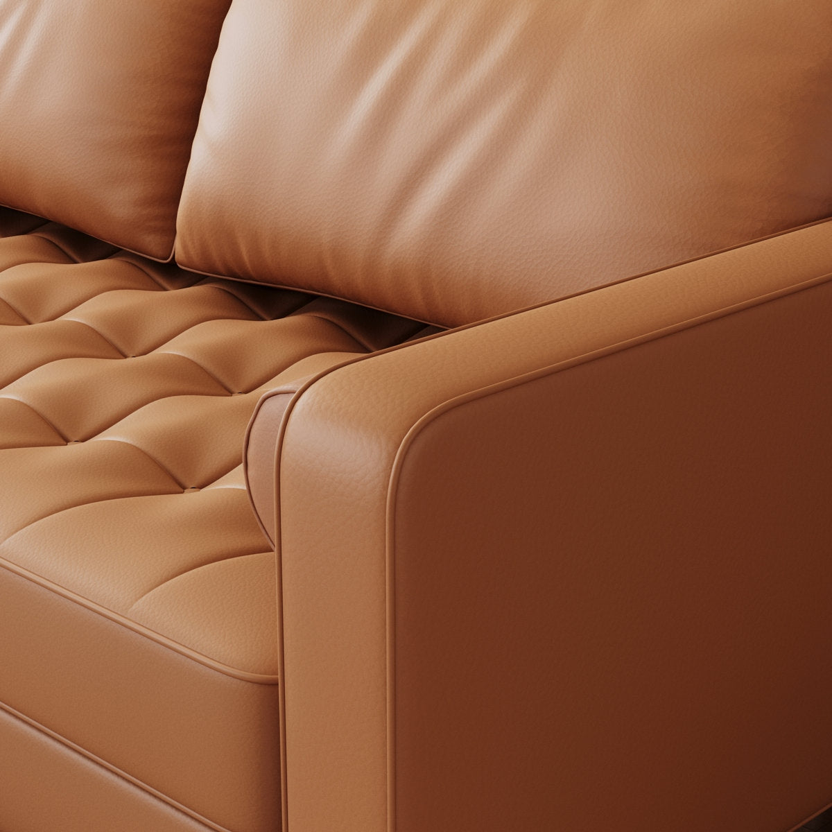 Warm Caramel Leather Sofa with Natural Sheesham Accents