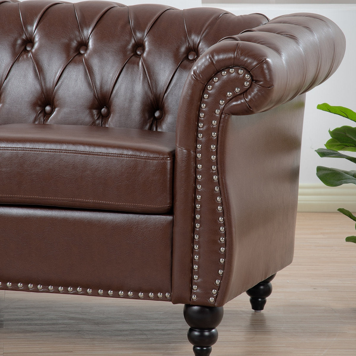 Classic Brown Leather Chesterfield Sofa with Sheesham Wood Frame