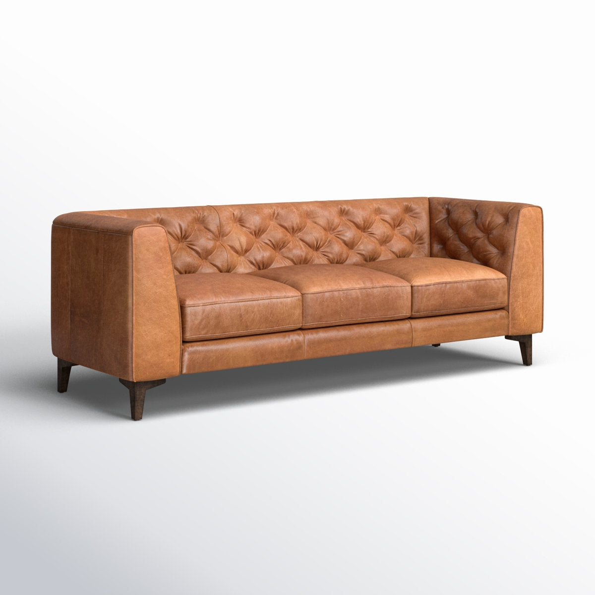 Classic Tufted Leather 3-Seater Sofa with Sheesham Wood Frame