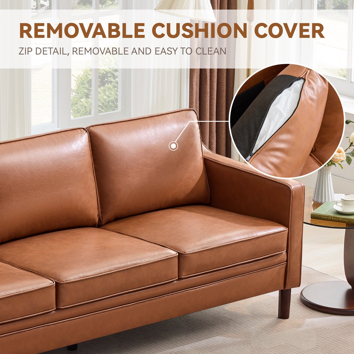 Classic Brown Leather Couch with Sheesham Wood Frame and Tapered Legs