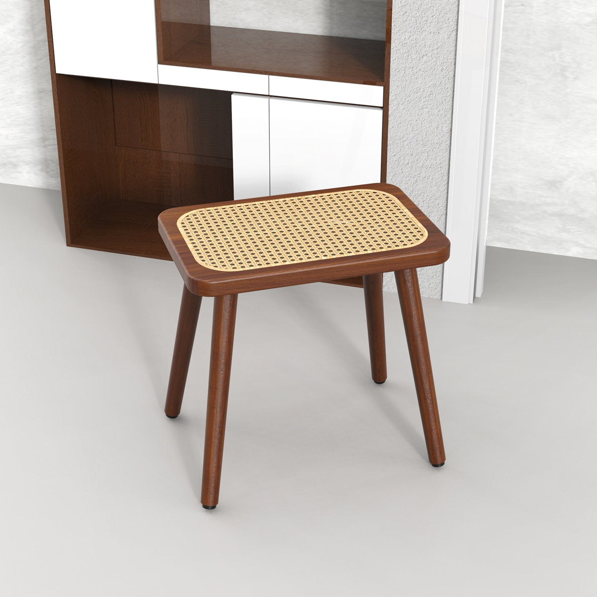 ADOUER WOOD Mid-Century Modern Solid Wood Stool with Woven Rattan Cane Seat