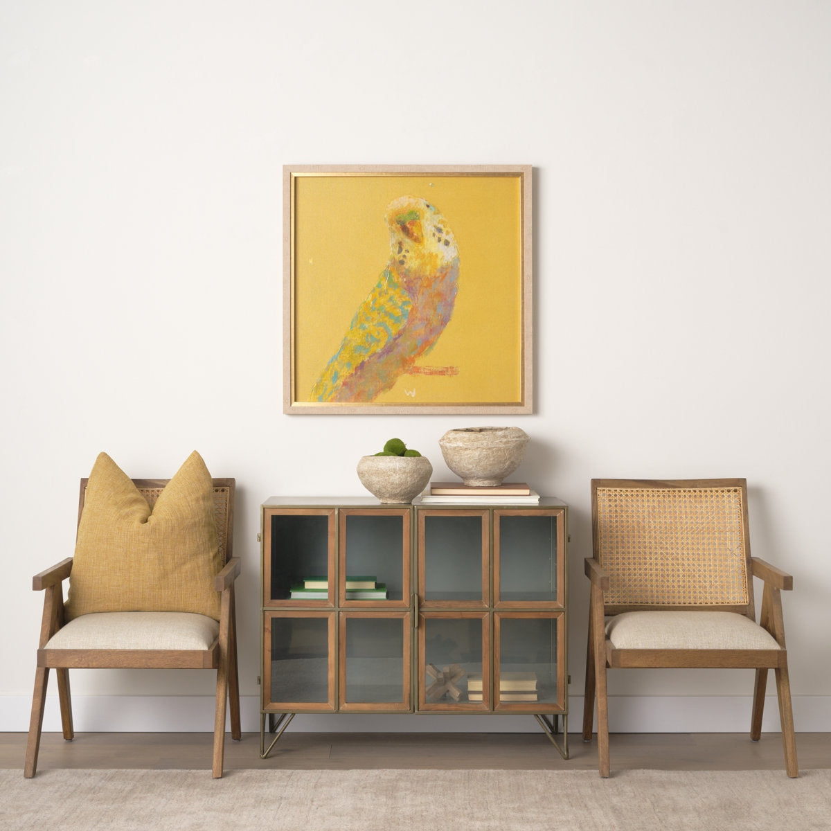 Acacia Wood Cane Back Arm Chair with Cotton Seat