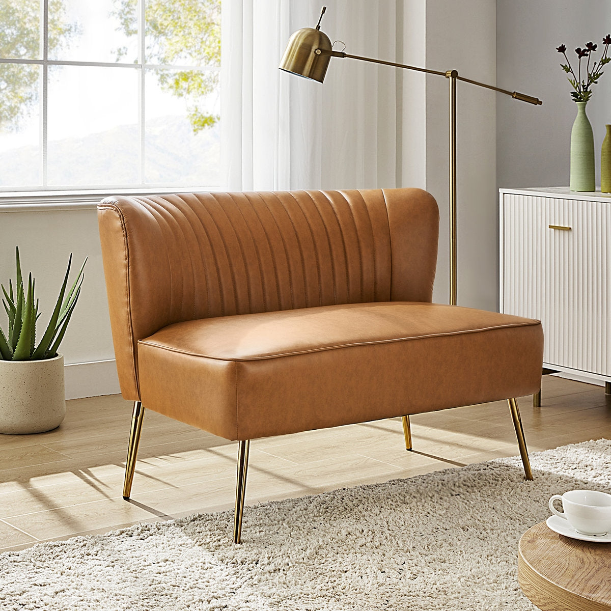 Vintage Style Faux Leather Two-Seater Sofa with Metal Legs