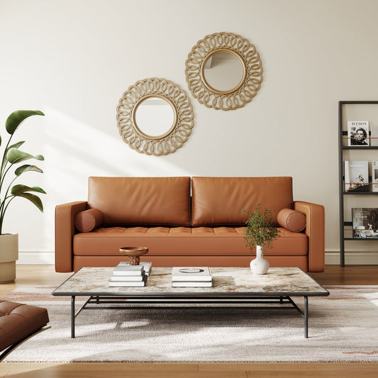 Warm Caramel Leather Sofa with Natural Sheesham Accents