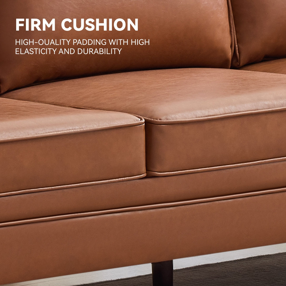 Classic Brown Leather Couch with Sheesham Wood Frame and Tapered Legs